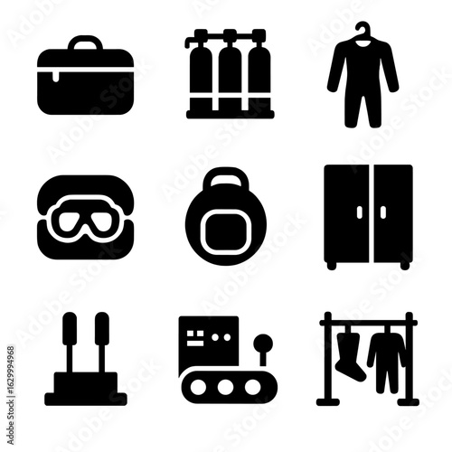 Diving and Automation Icons. Solid, filled icon set of diving gear storage: dive bag, oxygen tank rack, wetsuit hanger, mask case,