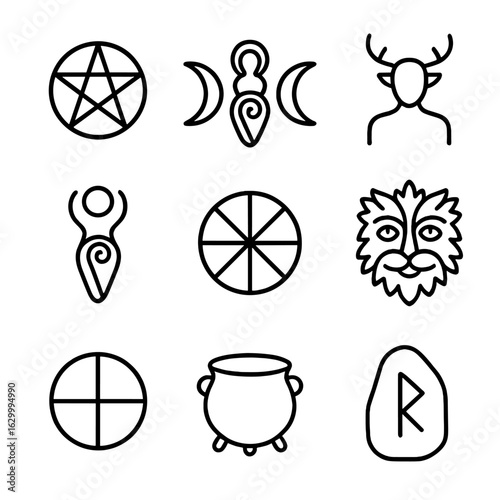 Pagan Symbols Icons. Outline icon set of pagan symbols: pentagram, triple moon, spiral goddess, horned god, wheel of the year,