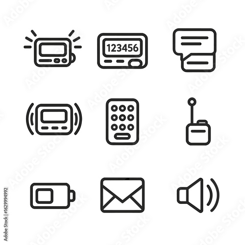 Pager Icon Set. Outline icon set of pager device functions: beep alert, numeric display, text message, vibration alert, keypad,