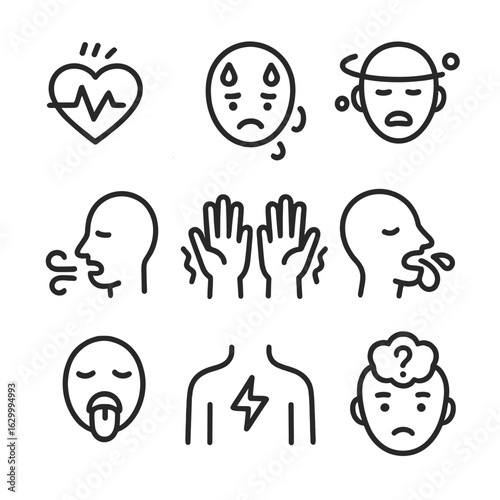 Panic Symptoms Icons. Outline icon set of panic health symptoms: rapid heartbeat, sweating, dizziness, shortness of breath,