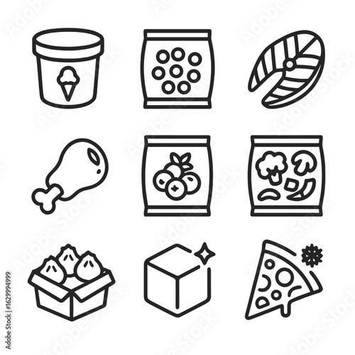 Frozen Food Icons. Outline icon set of common frozen foods: ice cream tub, frozen peas, fish fillet, meat joint, berry packet,