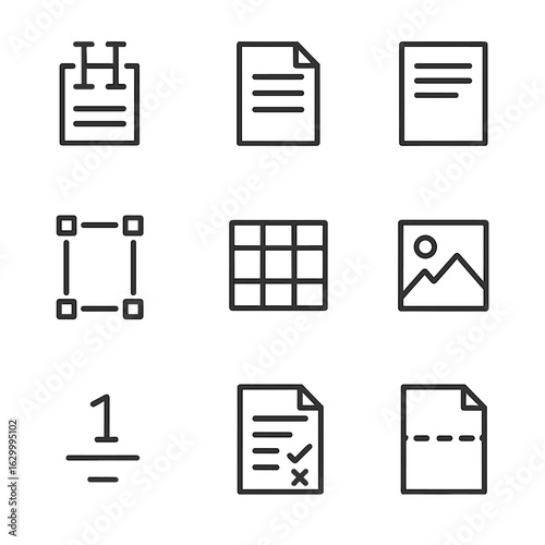 Document Editing Icons. Outline icon set of document editing: header icon, footer icon, page layout, margin guide, table insert,