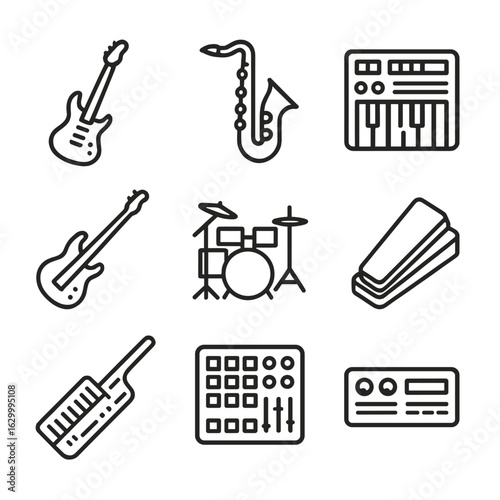 Fusion Instrument Icons. Outline icon set of fusion instruments: electric guitar, saxophone, synthesizer keyboard, fretless bass,