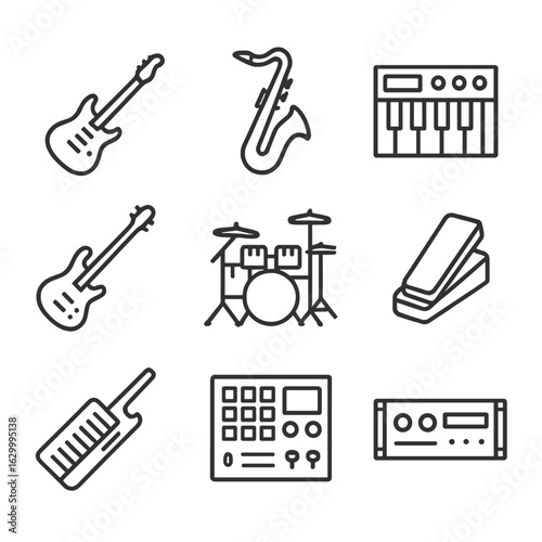 Fusion Instrument Icons. Outline icon set of fusion instruments: electric guitar, saxophone, synthesizer keyboard, fretless bass,