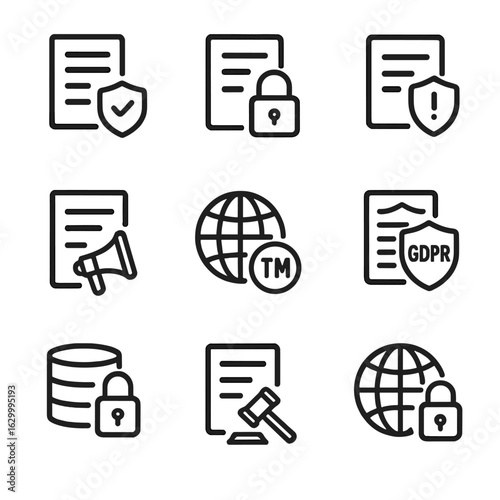 Domain Policy Icons. Outline icon set of domain policies: terms of service, privacy policy, abuse report, trademark infringement,