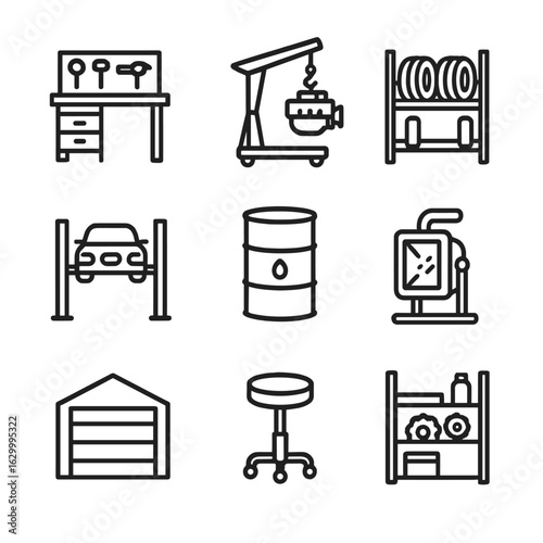 Garage Icons Set. Outline icon set of garage environment and safety: workbench, engine hoist, tire rack, car lift, oil drum, work