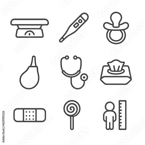 Pediatric Tools Icon Set. Outline icon set of pediatric tools in doctor’s bag: baby scale, child thermometer, pacifier, nasal