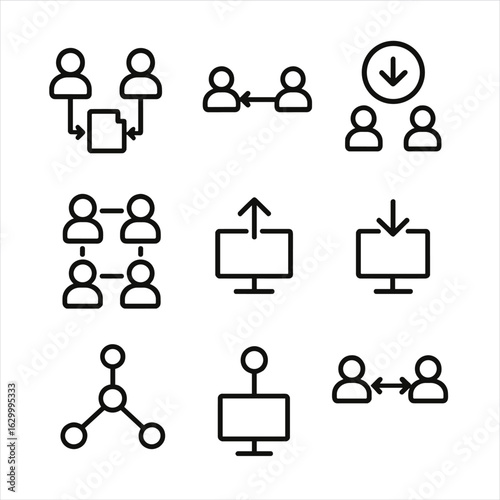 Peer-to-Peer Icons. Outline icon set of peer-to-peer networks: file sharing, direct connection, torrent, swarm, seeding,