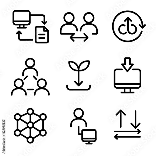 Peer-to-Peer Icons. Outline icon set of peer-to-peer networks: file sharing, direct connection, torrent, swarm, seeding,
