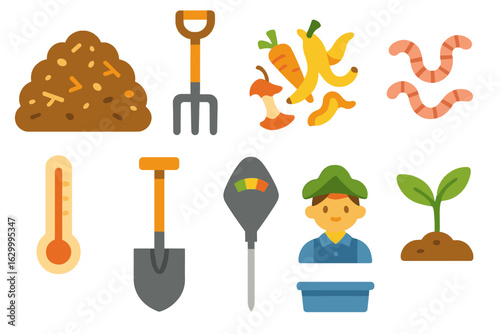 Garden and Farm Icons. Flat vector mini-illustrations composting and soil health in colors children's illustrations: compost heap,