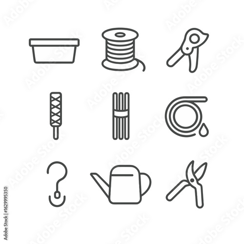 Garden Accessory Icons. Outline icon set of garden support accessories: planter box, garden twine spool, plant tie clip, moss pole