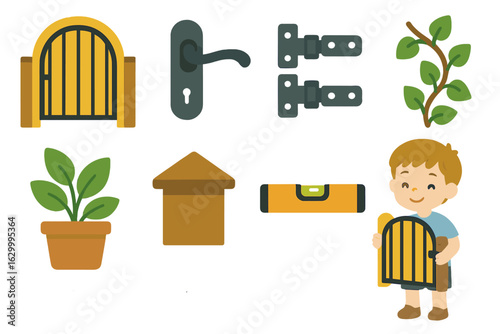 Garden Gate Installation Icons. Flat vector mini-illustrations Installing decorative garden gates in colors children's