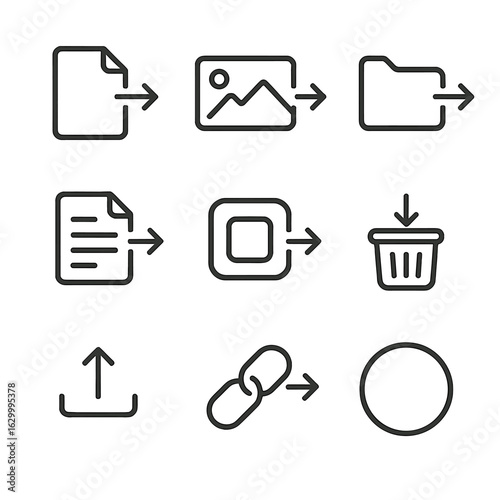 Drag and Drop Icons. Outline icon set of drag and drop elements: file drag, image drag, folder drag, document drag, app icon drag,