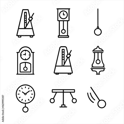 Pendulum Icon Set. Outline icon set of pendulum devices: metronome, grandfather clock, pendulum weight, antique clock, musical