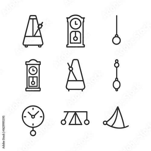 Pendulum Icon Set. Outline icon set of pendulum devices: metronome, grandfather clock, pendulum weight, antique clock, musical
