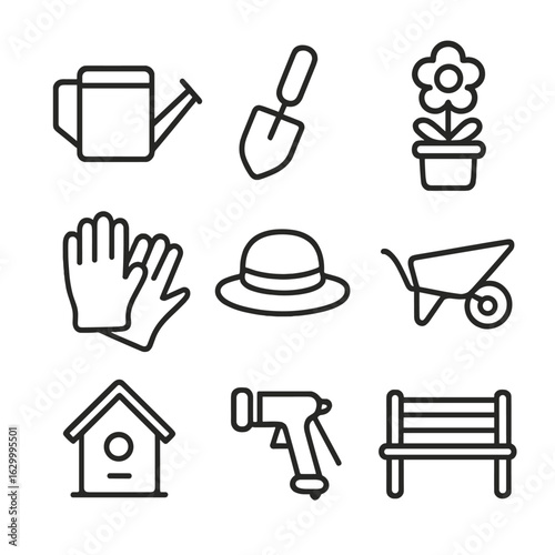 Garden Tools Icons. Outline icon set of garden leisure: watering can, trowel, potted flower, garden gloves, sun hat, wheelbarrow,