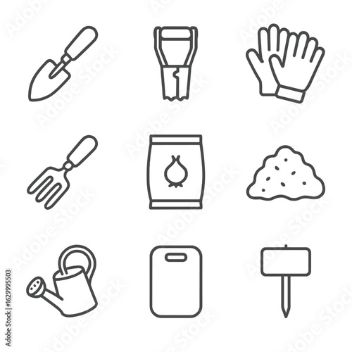 Garden Tool Icon Set. Outline icon set of bulb planting tools and materials: garden trowel, bulb planter tool, garden gloves, soil