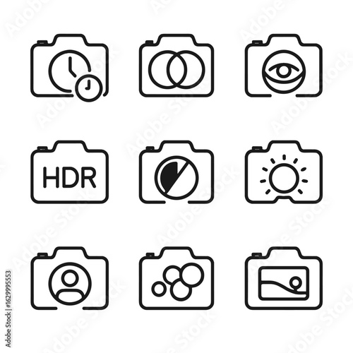 Phone Camera Icon Set. Outline icon set of phone camera creative modes: slow shutter, double exposure, fisheye lens, HDR, black