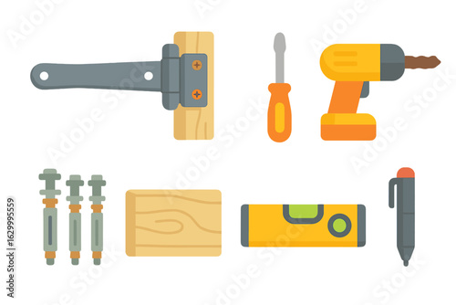Gate Hardware Illustrations. Flat vector mini-illustrations Gate hinge installation in colors children's illustrations: gate hinge
