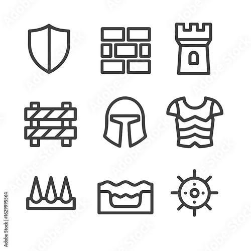 Defense Icons Grid. Outline icon set of enemy defenses: shield, wall, tower, barricade, helmet, armor, spike trap, moat, minefield