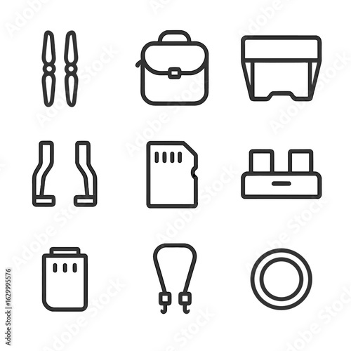 Drone Accessories Icons. Outline icon set of drone camera accessories: extra propellers, carrying case, sunshade, landing gear,
