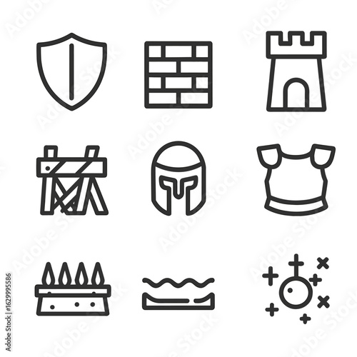 Defense Icons Grid. Outline icon set of enemy defenses: shield, wall, tower, barricade, helmet, armor, spike trap, moat, minefield