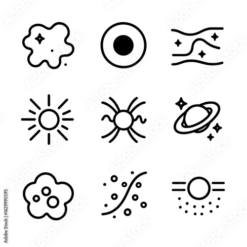 Deep Space Icon Set. Outline icon set of deep space environments: dark nebula, cosmic void, starless region, gamma ray burst,