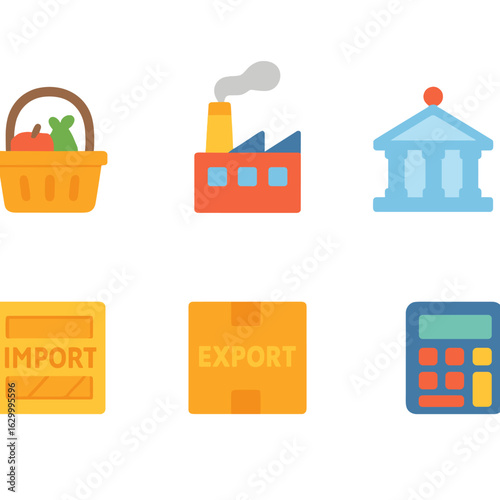 GDP Elements Icons. Flat vector mini-illustrations GDP components in colors children's illustrations: consumption basket, factory,