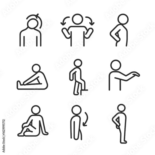 Physical Therapy Icons. Outline icon set of physical therapy exercises: neck stretch, shoulder rotation, back extension, hamstring