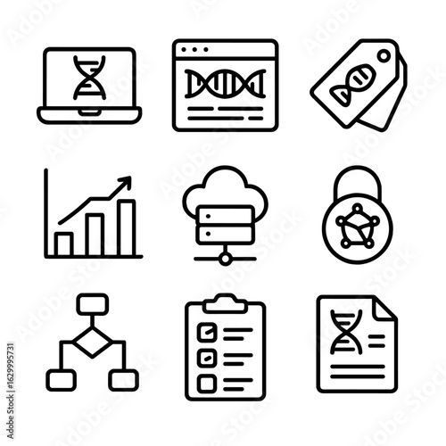 Genomic Data Icons. Outline icon set of genomic data analysis: bioinformatics computer, genome browser window, variant annotation