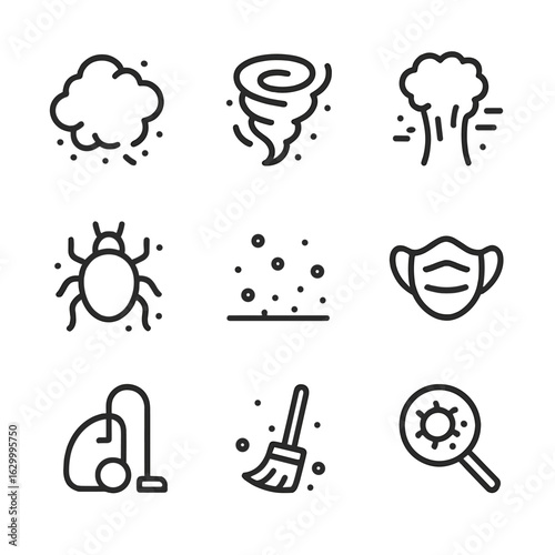 Dust Icon Set. Outline icon set of dust particles and effects: dust cloud, dust swirl, dust storm, dust mite, dust on surface,