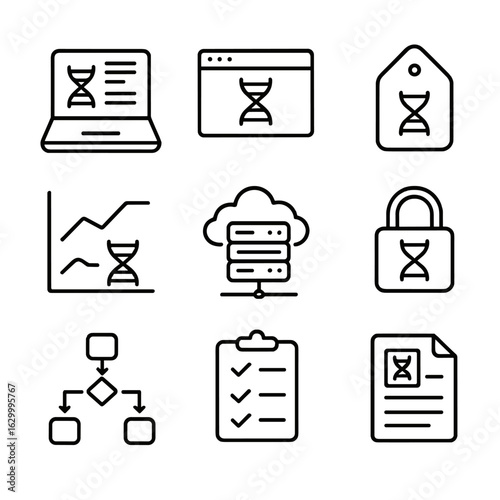 Genomic Data Icons. Outline icon set of genomic data analysis: bioinformatics computer, genome browser window, variant annotation