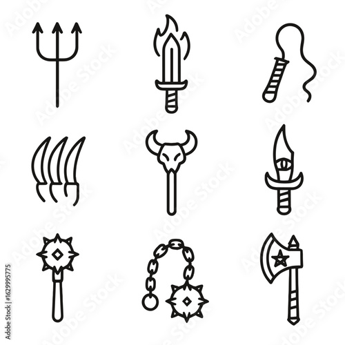 Demon Weapon Icons. Outline icon set of demon weapons: pitchfork, flaming sword, whip, cursed dagger, dark staff, claws, spiked
