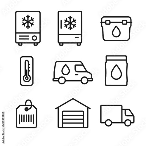 Plasma Transport Icons. Outline icon set of plasma storage and transport: refrigeration unit, storage freezer, insulated container