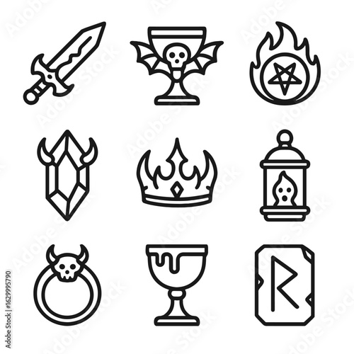 Demon Artifact Icons. Outline icon set of demon artifacts: cursed sword, demonic chalice, hellfire orb, shadow crystal, dark crown