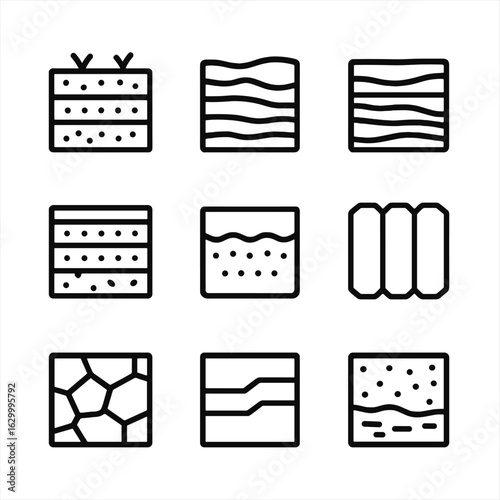 Geological Layers Icons. Outline icon set of geological strata layers: topsoil, sandstone, shale, limestone, basalt, granite,