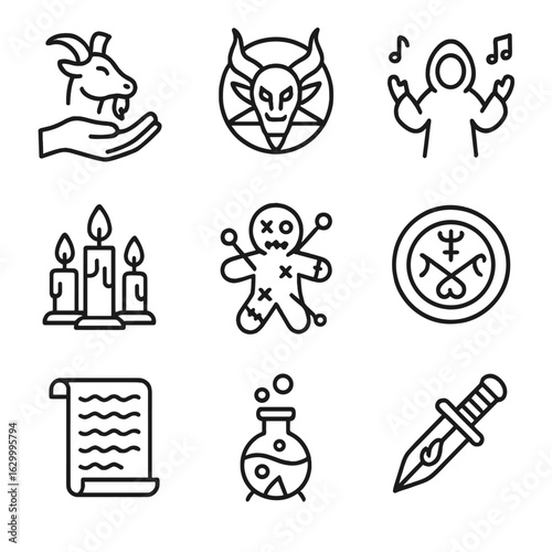 Demon Ritual Icons. Outline icon set of demon rituals: blood sacrifice, summoning, dark chanting, burning candles, hexing, cursed