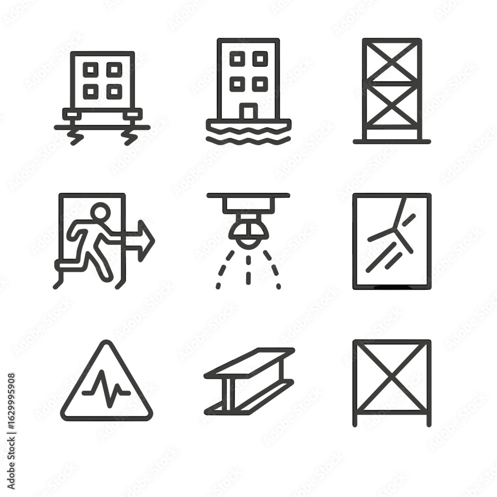 Earthquake Safety Icons. Outline icon set of earthquake building safety features: shock absorber, base isolation, reinforced Earthquake Safety Icons. Outline icon set of earthquake building safety features: shock absorber, base isolation, reinforced