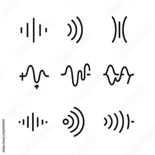 Echo Icon Set. Outline icon set of echo in science and physics: sound wave, reflection, vibration, amplitude, resonance, wave