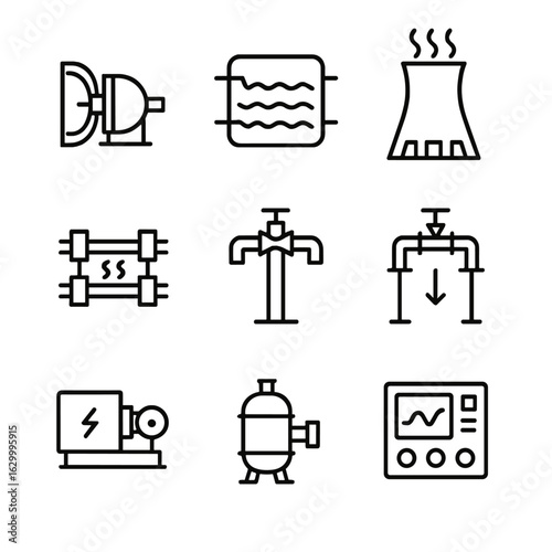 Geothermal Plant Icon Set. Outline icon set of geothermal power plant components: steam turbine, condenser, cooling tower, heat