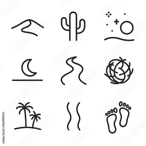 Desert Night Icon Set. Outline icon set of desert night walk: sand dune outline, cactus silhouette, star-filled sky, moon above
