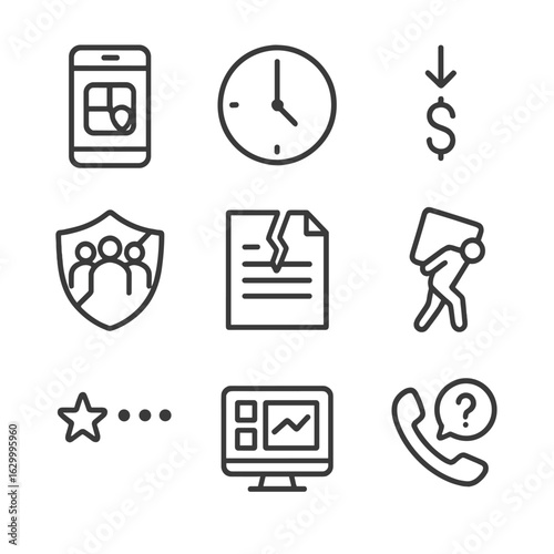 Gig Economy Challenges Icons. Outline icon set of gig economy challenges: smartphone with gig app, clock tracking hours, low-pay