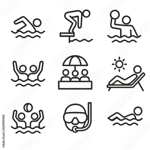 Pool Activity Icons. Outline icon set of pool activities: swimming, diving, water polo, synchronized swimming, pool party,