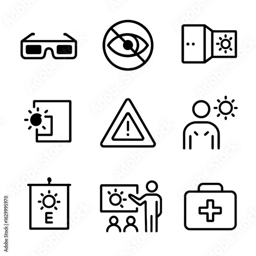 Eclipse Safety Icons. Outline icon set of eclipse safety: protective glasses, no direct viewing, pinhole camera, sun filter,