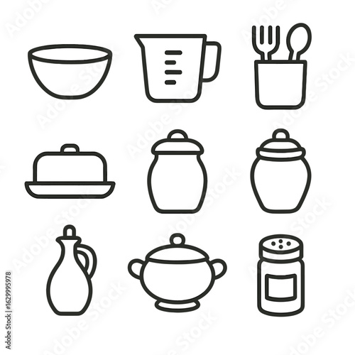 Porcelain Kitchen Icon Set. Outline icon set of porcelain kitchen essentials: mixing bowl, measuring cup, utensil holder, butter