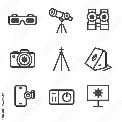 Eclipse Observation Icons. Outline icon set of eclipse observation equipment: solar filter glasses, telescope with solar filter,