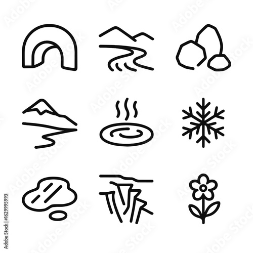 Glacial Meltwater Icons Set. Outline icon set of glacial meltwater features: ice cave opening, glacial stream, moraine rock,