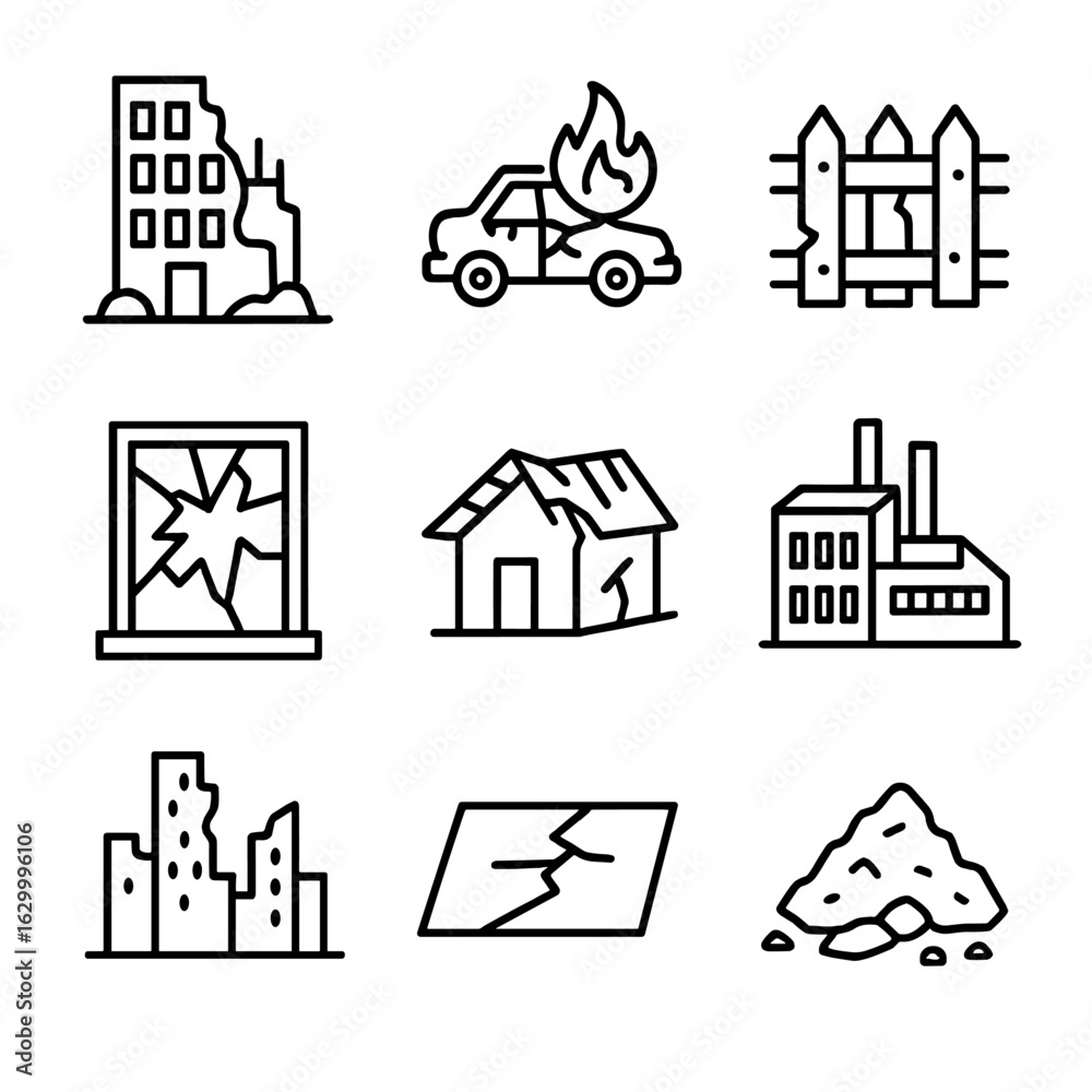 Post-Apocalyptic Ruin Icons. Outline icon set of post-apocalyptic ruin: destroyed building, burnt vehicle, broken fence, smashed