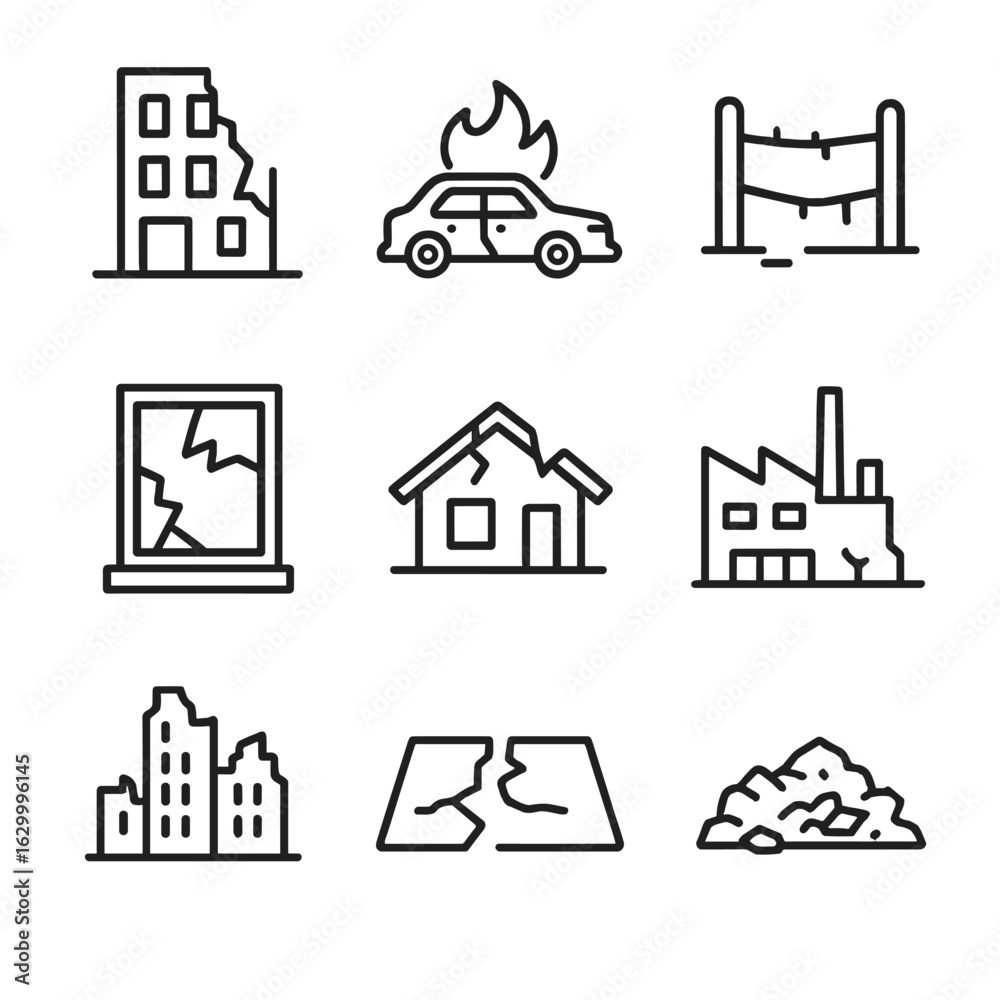 Post-Apocalyptic Ruin Icons. Outline icon set of post-apocalyptic ruin: destroyed building, burnt vehicle, broken fence, smashed