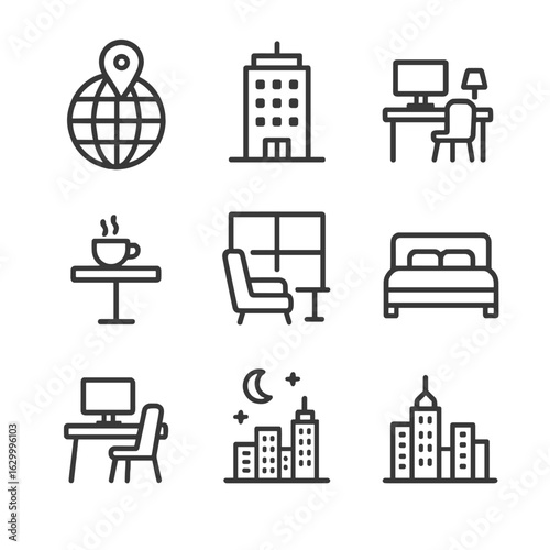 Global Workspace Icons. Outline icon set of participant locations and environments: globe with location pin, office building